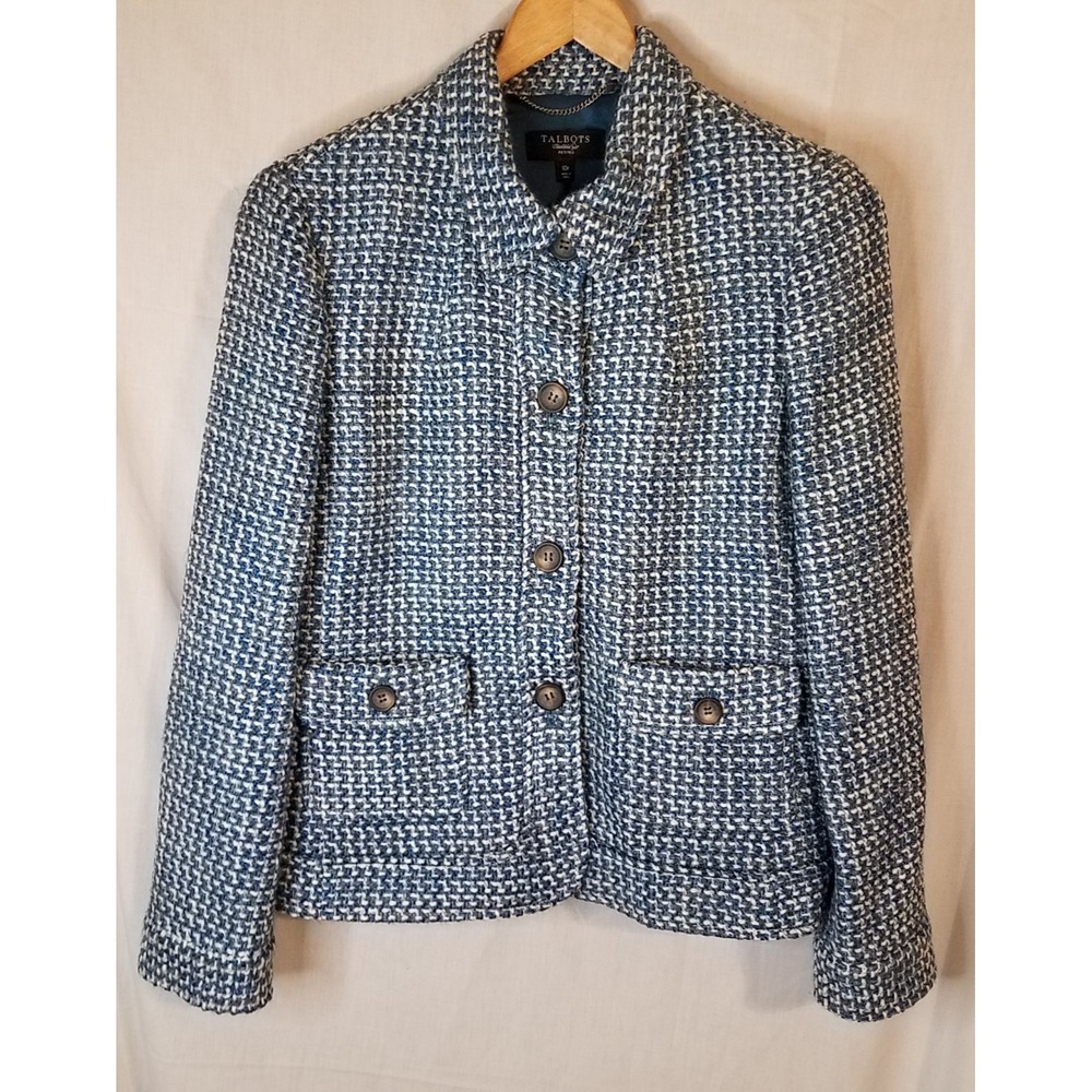 Talbots Tweed Jacket Blazer‎ Women's Size 10P Blue/White Long Sleeve Wool Blend